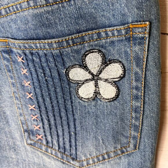 Urban Outfitters BDG Jeans Womens Size 24 Patchwork Flare Indigo Raw Hem Funky - Picture 15 of 16